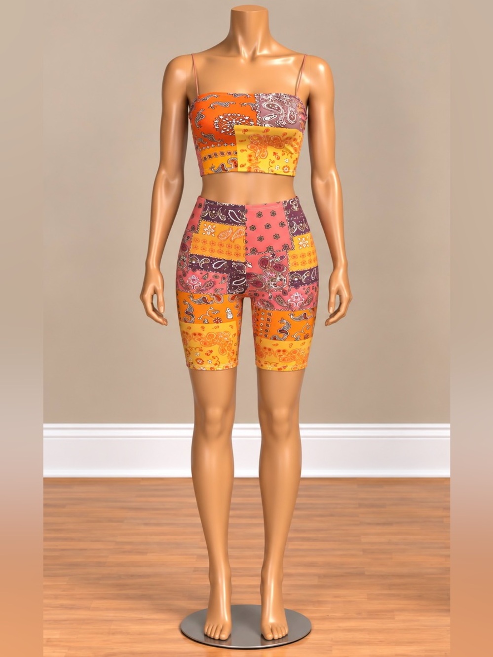 NWT Sugar Popped Bandana Paisley 2 Piece Crop Top Biker Shorts Set S